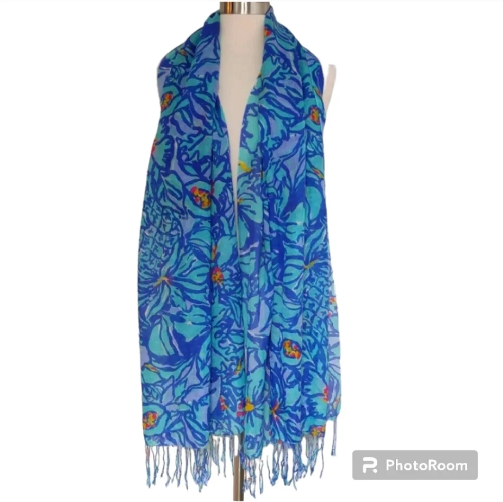 Lilly Pulitzer Murfee Scarf Iris Blue Mai Tai Silk Cashmere Blend Fringe Wrap